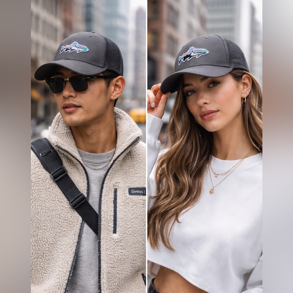 Patagonia Mesh Back Hat trucker with trout Logo Patch
